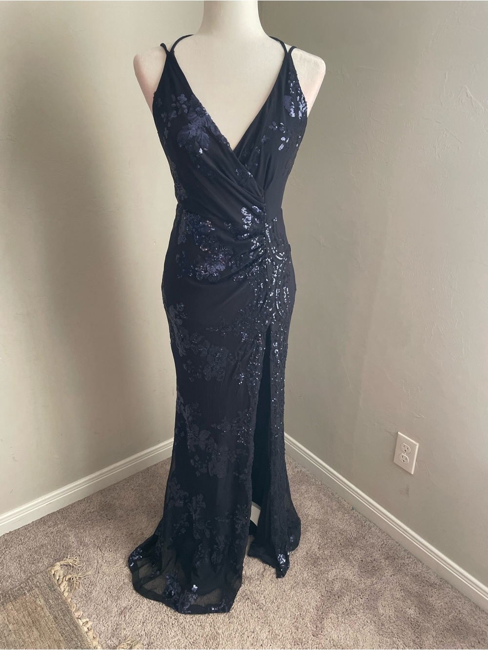Showpo Navy Sequin Floral V-Neck Gown Evening Dress Event Dress